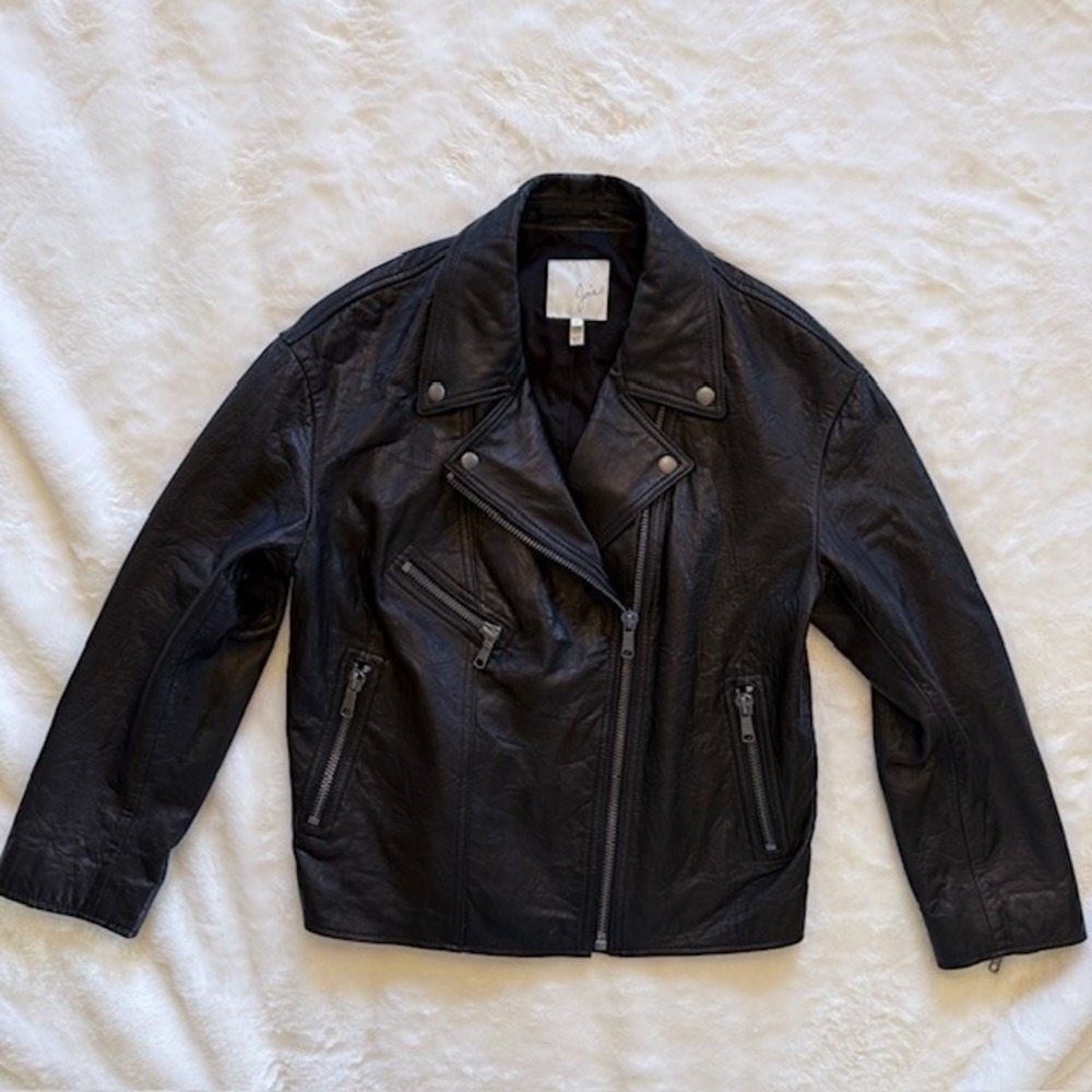 Joie Viva La Femme Black Lamb Leather Moto Jacket Floral Graphic  Size M - Picture 3 of 11